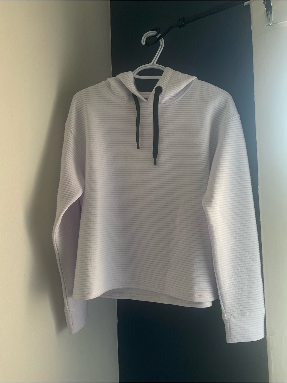 White Ribbed Hoodie with Black Drawstrings